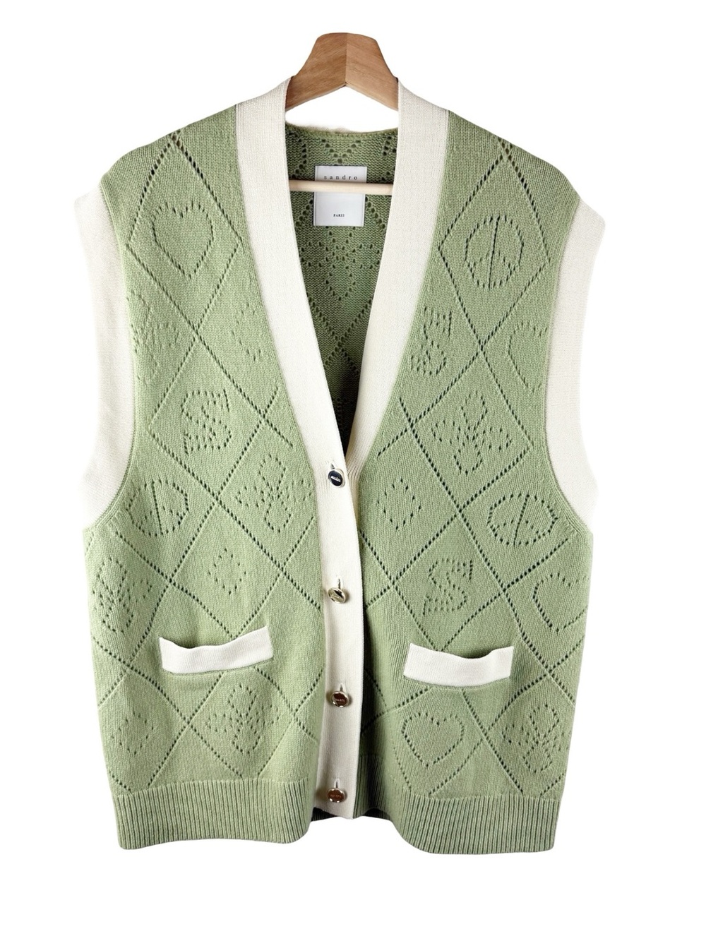 SANDRO Wool Sleeveless V Neck Cardigan Sweater Vest Size 4 or XL